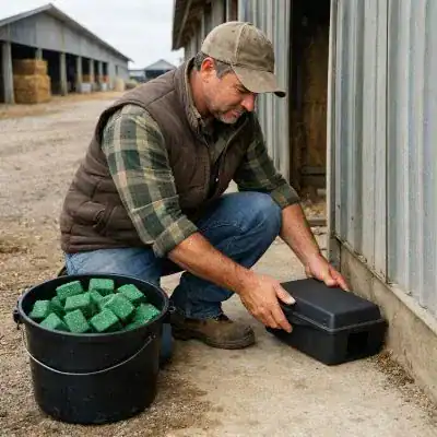 Homme effectuant un nettoyage extérieur avec équipement professionnel pour bâtiments agricoles.