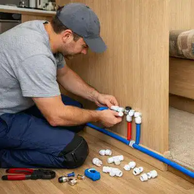 Technicien en plomberie vérifiant les raccordements.