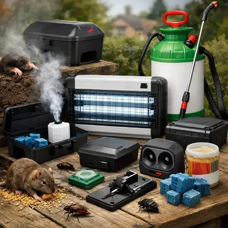 Alt text: Équipement professionnel de lutte contre les nuisibles avec pièges, insecticides et vapoteur.