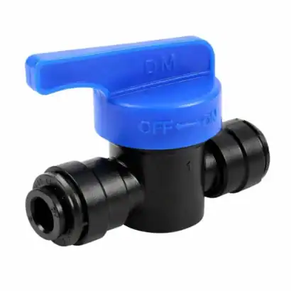 Robinet de plomberie en plastique avec levier bleu, pour systèmes d'eau.