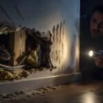 Inspection de d&eacute;g&acirc;ts caus&eacute;s par des rats dans un mur avec lampe de poche.