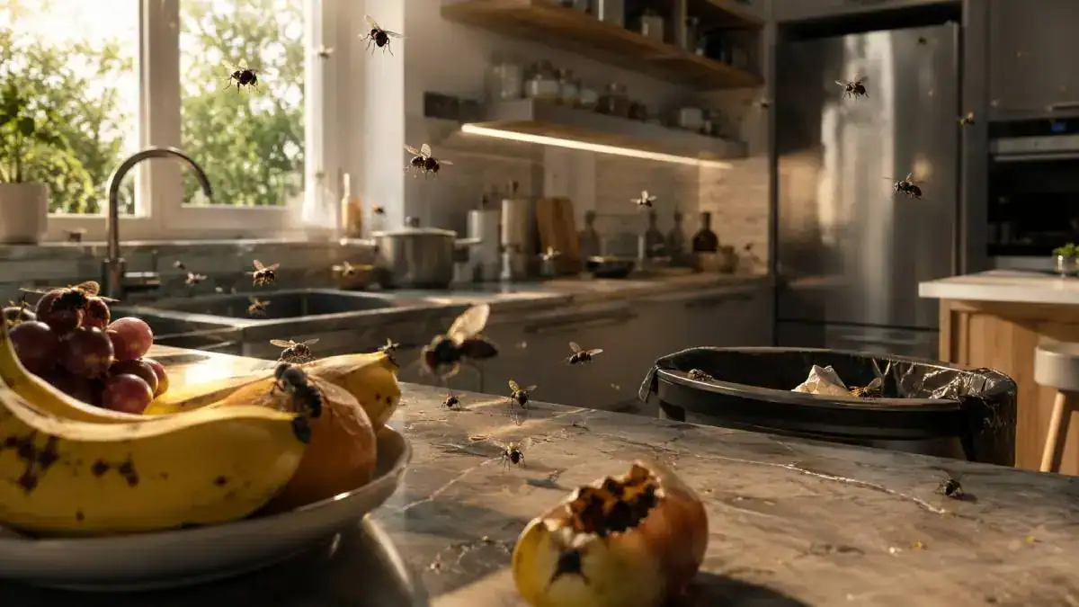 Mouches dans une cuisine attir&eacute;es par les fruits et les d&eacute;chets alimentaires