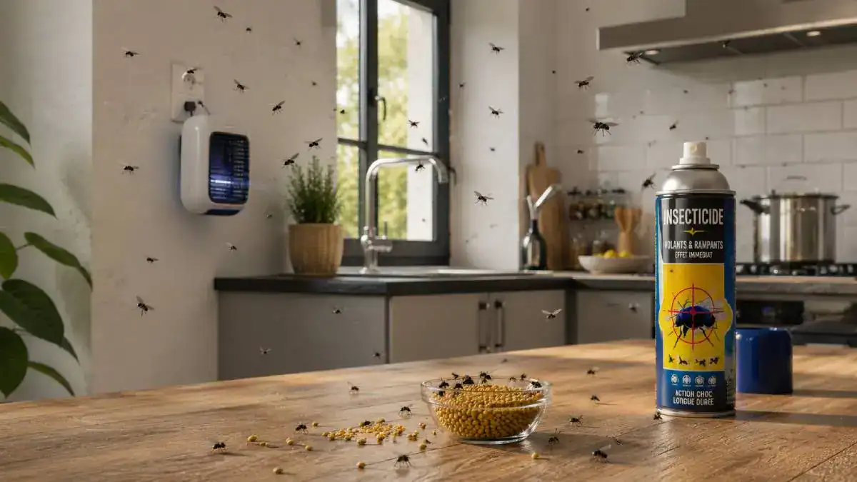 Mouches en &eacute;t&eacute; dans une cuisine moderne avec solutions anti-mouches
