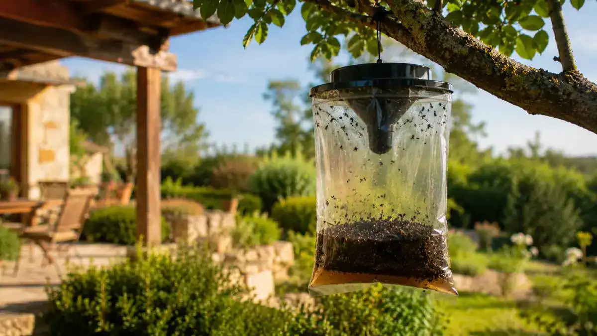 Pi&egrave;ge anti-mouches install&eacute; sur une terrasse ext&eacute;rieure