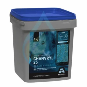 Contenant de raticide Chanvryl 25 pour lutte contre rats et souris.